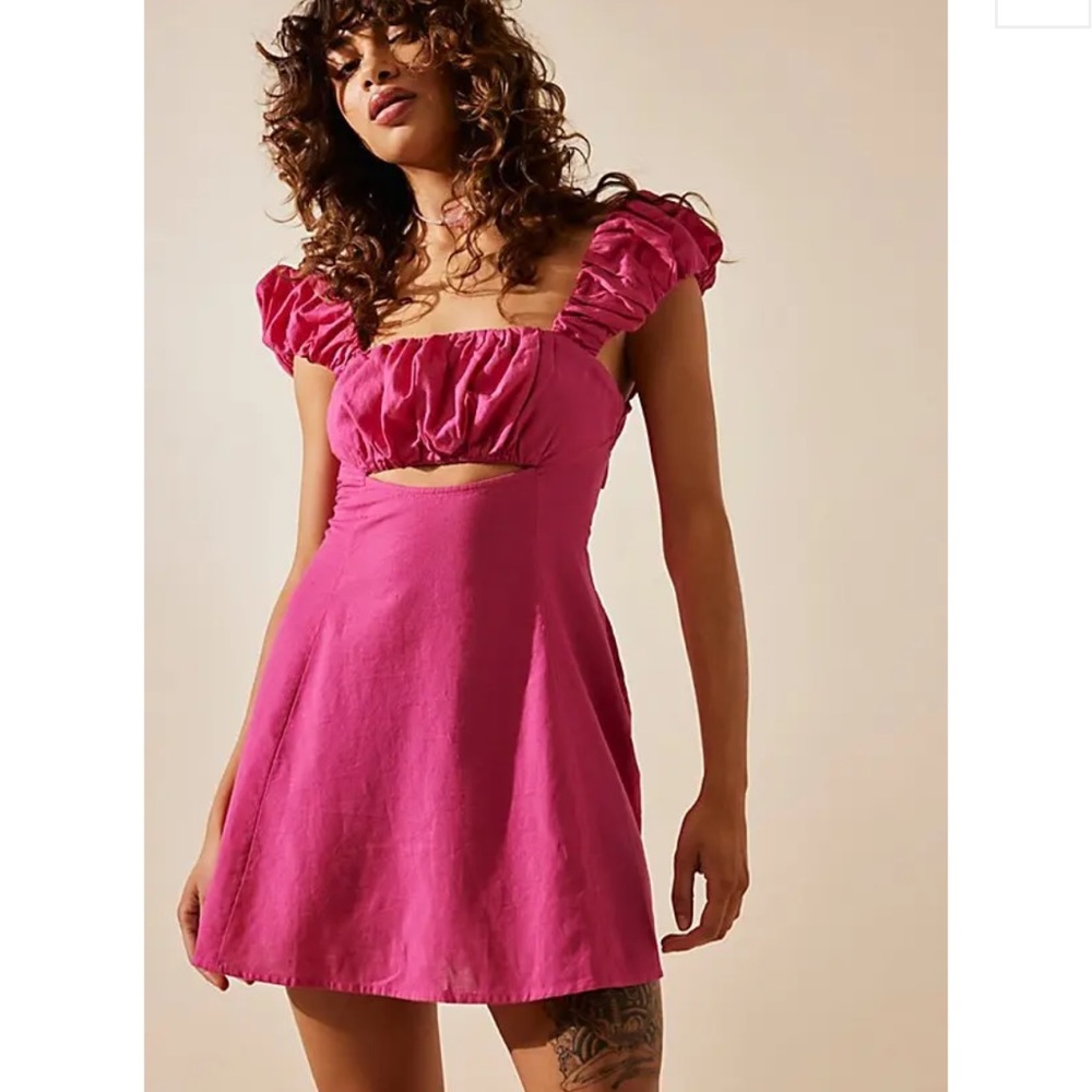 Free People Fuchsia Puff Sleeve Mini Dress